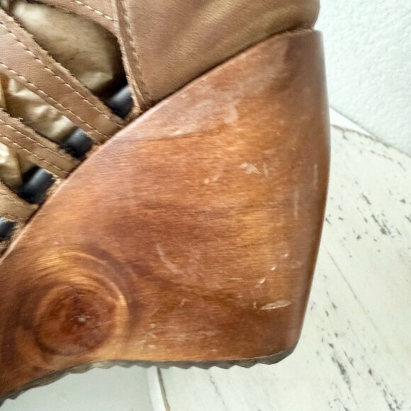 Lane Becca Leather Wedge Sandals Womens 8 Desert Clay Western Cutout Wooden Heel - Picture 7 of 12